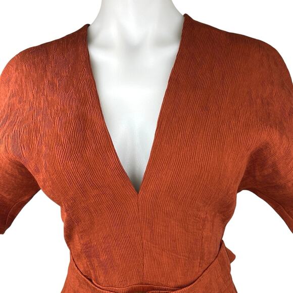 NEW ASOS Brown V-neck Short Sleeve Belted Knee Length Midi Pencil Sheath Dress 0 - Picture 4 of 6